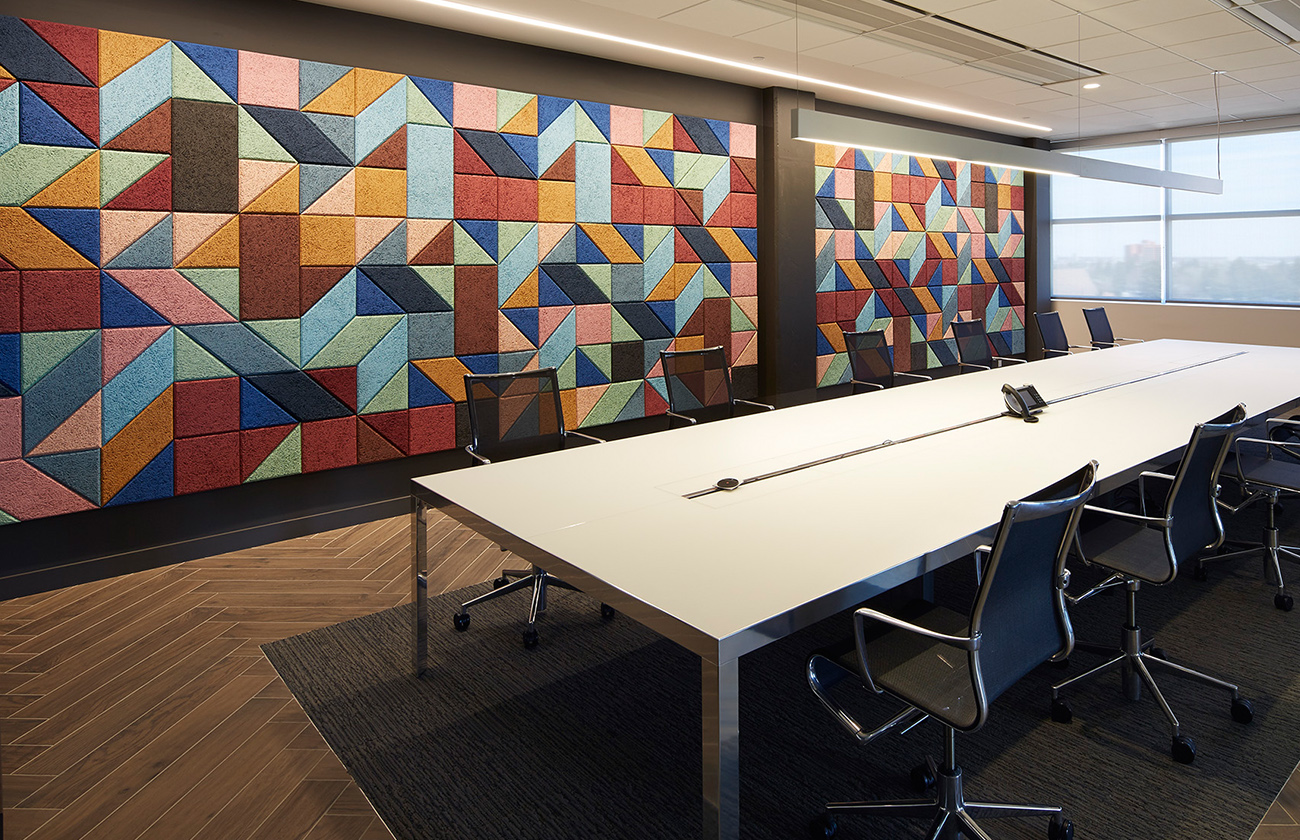 BAUX Acoustic Tile design in a soundproofed meeting room in Calgary.